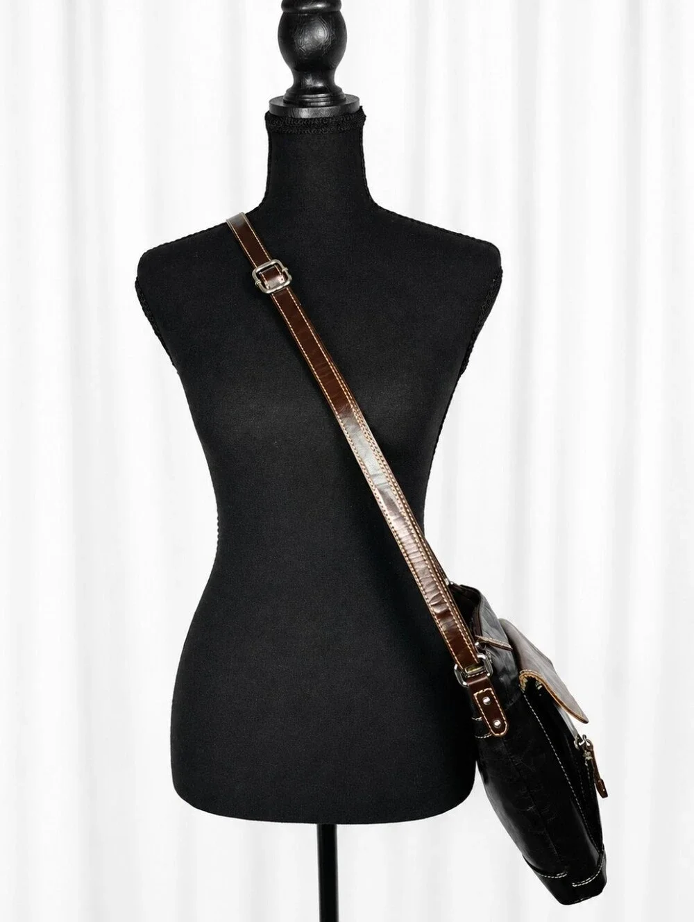 👜 Black Brown Crossbody Messenger Bag Multi Pocket Adjustable Strap Two Tone